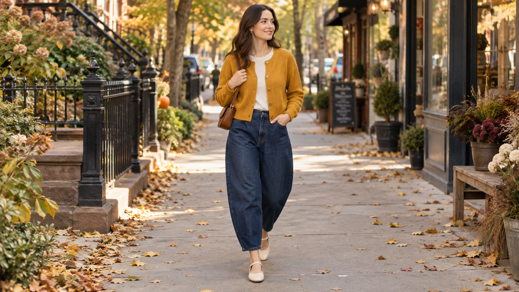 Mustard Cardigan with Indigo Barrel Jeans and Cream Mary Jane Flats